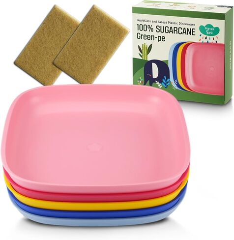 أطباق أطفال SUGARCANE 5 عبوات (7.9 بوصة) - أطباق عضوية للأطفال الصغار إلى الأطفال الكبار - معتمدة من وزارة الزراعة الأمريكية - آمنة للاستخدام في الميكروويف وغسالة الأطباق - خالية من مادة BPA، غير قابلة للكسر، قابلة لإعادة الاستخدام - متعددة in Kuwait