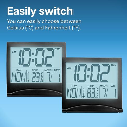 ساعة MMOBIEL الرقمية LCD منبه للسفر قابلة للطي مع إضاءة خلفية - ساعة رقمية مع مؤشر اليوم والتاريخ ودرجة الحرارة - ساعة منبه رقمية للطاولة - ساعة مكتب تعمل بالبطارية - فضي in Kuwait