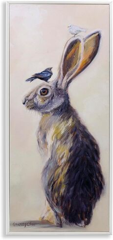 Stupell Industries Minimal Woodland Rabbit مع لوحة طيور جاثمة، تصميم بواسطة Karen Weber Fine Canvas Wall Art، 10 × 24، أبيض فاتح in Saudi Arabia