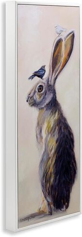 Stupell Industries Minimal Woodland Rabbit مع لوحة طيور جاثمة، تصميم بواسطة Karen Weber Fine Canvas Wall Art، 10 × 24، أبيض فاتح in Saudi Arabia