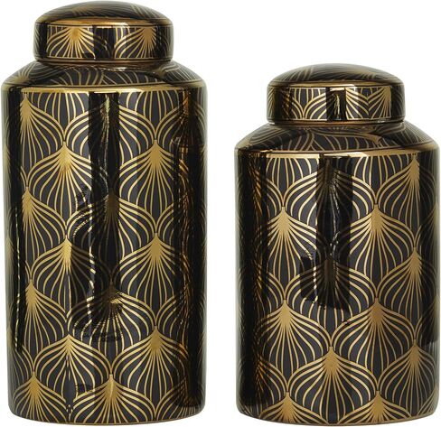 Deco 79 Ceramic Floral Decorative Jars with Gold Accents, Set of 2 14", 12"H, Black in Kuwait