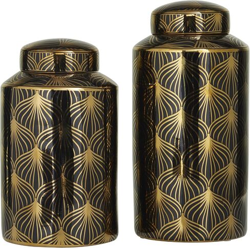 Deco 79 Ceramic Floral Decorative Jars with Gold Accents, Set of 2 14", 12"H, Black in Kuwait