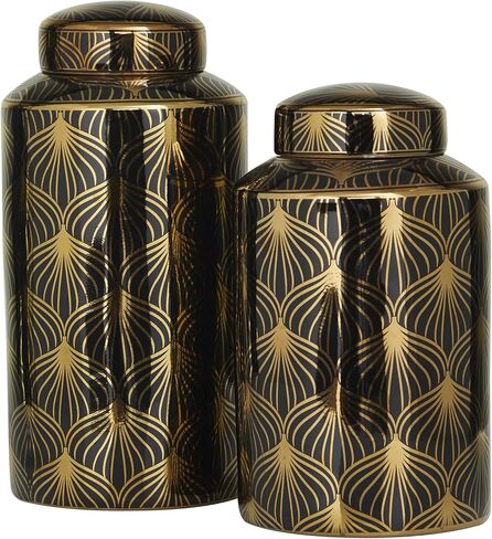 Deco 79 Ceramic Floral Decorative Jars with Gold Accents, Set of 2 14", 12"H, Black in Kuwait