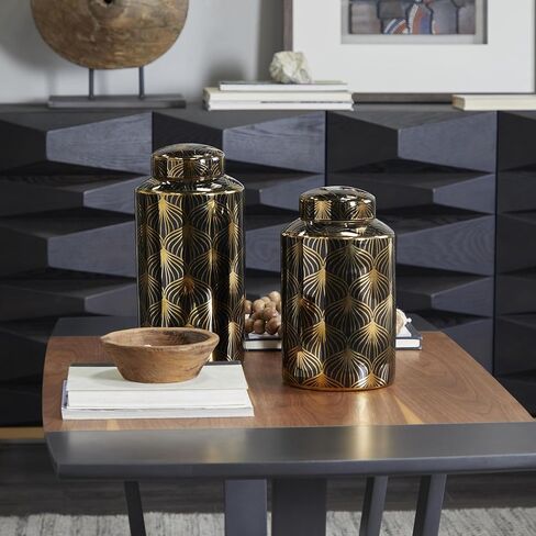 Deco 79 Ceramic Floral Decorative Jars with Gold Accents, Set of 2 14", 12"H, Black in Kuwait