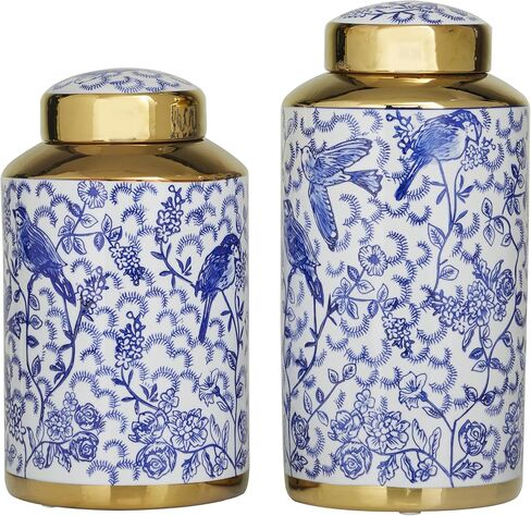 Deco 79 Ceramic Floral Decorative Jars with Gold Accents, Set of 2 14", 12"H, Black in Kuwait