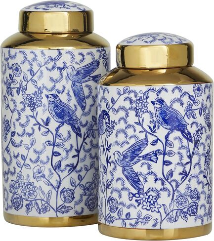 Deco 79 Ceramic Floral Decorative Jars with Gold Accents, Set of 2 14", 12"H, Black in Kuwait