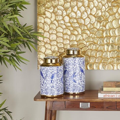 Deco 79 Ceramic Floral Decorative Jars with Gold Accents, Set of 2 14", 12"H, Black in Kuwait