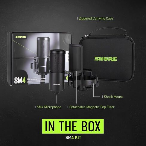 طقم ميكروفون تسجيل ستوديو SM4 من Shure، ميكروفون مكثف XLR Home Studio مع صوت جاهز للمزج - هيكل معدني بالكامل، يتضمن مرشح بوب مغناطيسي قابل للفصل وحامل للصدمات (SM4-K-KIT) in Saudi Arabia