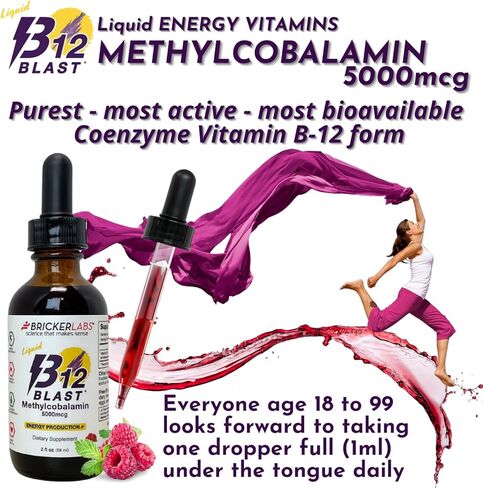 Bricker Labs B12 Blast Methylcobalamin فيتامين ب12 السائل، فيتامينات الطاقة، مكمل الطاقة (1000 ميكروجرام) in Kuwait