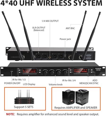 4 Channel Wireless Microphones System, Quad UHF Cordless Mic Set,4 * 40 Groups Metal Handheld Dynamic, Auto Scan, Long Range 200-300Ft,16 Hours Use for Church,Singing Bands (WM500) in Saudi Arabia
