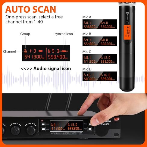 4 Channel Wireless Microphones System, Quad UHF Cordless Mic Set,4 * 40 Groups Metal Handheld Dynamic, Auto Scan, Long Range 200-300Ft,16 Hours Use for Church,Singing Bands (WM500) in Saudi Arabia