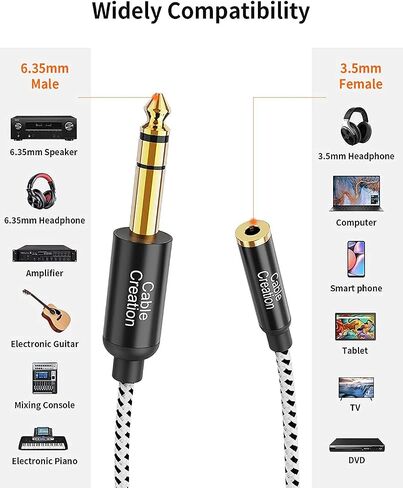 CableCreation 3.5 ملم جاك إلى 6.35 ملم جاك كابل 1FT، TRS 6.35 ملم 1/4 ذكر إلى 3.5 ملم 1/8 أنثى محول صوت جاك ستيريو لمكبر الصوت، الجيتار، البيانو، الكمبيوتر المحمول، المسرح المنزلي، الهاتف in Saudi Arabia