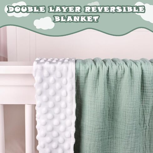 بطانيات أطفال من Hooyax Muslin، بطانية حضانة فائقة النعومة للأولاد والبنات، تصميم بطبقة مزدوجة، واجهة قطنية وظهر منقط، بطانيات دافئة لاستقبال القماط لحديثي الولادة، 30 بوصة × 40 بوصة أخضر in Kuwait
