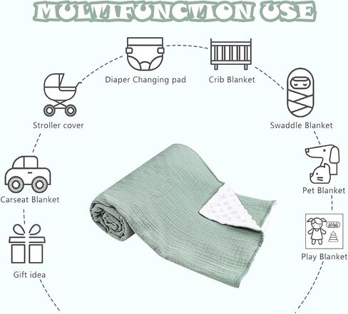 بطانيات أطفال من Hooyax Muslin، بطانية حضانة فائقة النعومة للأولاد والبنات، تصميم بطبقة مزدوجة، واجهة قطنية وظهر منقط، بطانيات دافئة لاستقبال القماط لحديثي الولادة، 30 بوصة × 40 بوصة أخضر in Kuwait