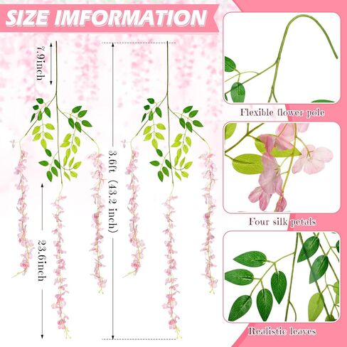 108 حزمة 43.2 بوصة / 3.6 قدم زهور الوستارية الاصطناعية المزيفة المعلقة زهور الوستارية الصناعية إكليل الحرير الوستارية الكرمة الروطان سلسلة زهور معلقة طويلة للمنزل وحفلات الزفاف الخارجية (حليبي) in Kuwait