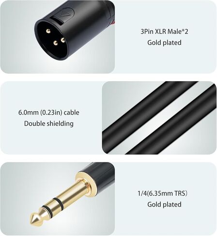 1/4 TRS to Dual XLR Male Y-Splitter Stereo Breakout Cable 1/4 inch(6.35mm) to 2 XLR Patch Cable 10FT in Kuwait