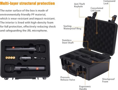حافظة ميكروفون لاسلكية MGZNMTY لنظام ميكروفون JBL اللاسلكي 2، صندوق مقاوم للماء شديد التحمل لغناء ميكروفون الكاريوكي، جهاز استقبال ثنائي القناة، كابل، ملحقات بطاريات AA (أسود) in Kuwait