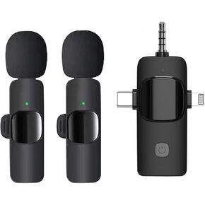 K15 3 in 1 Wireless Lavalier Microphone for IPHONE/ANDROID/TABLET/Perfect for vlogging, podcasts, presentations, live performances, and professional recordings., Black