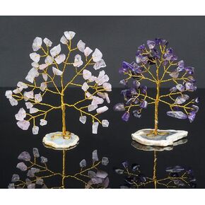 Amethyst & Rose Quartz Gemstone Tree of Life - Geode Agate Slice Base, Crystal Tree for Positive Energy, Attract Good Luck, Chakra Tree of Life, Mini Money Tree, Feng Shui Decor, Gift (Set of 2)