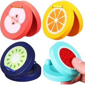 Vaguelly Finger Castanets, 4pcs Wooden Castanets, Finger Clappers, Cartoon Fruit Castanets Early Education Percussion Instrument for Favors Party Classroom