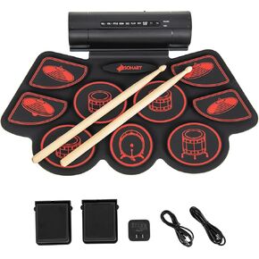 9-Pad Electronic Drum Set, Roll-Up Digital Drum Kit with 2 Stereo Speakers, 2 Foot Pedals, 2 Drum Sticks, Headphone Jack, MIDI Function, USB & MP3 Ports, Portable Drum Practice Pad (Green)