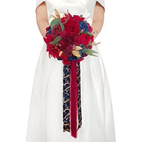 Ciandid Wedding Bridal Bouquet, Burgundy Peonies & Champagne Roses with Lace Ribbons Tossing Bouquet for Bride French Rustic Artificial Bouquet