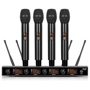 Wireless Microphone System, 4 Channels UHF Metal Cordless Handheld Wireless Mics Set - Adjustable Frequencies, Auto Scan, 165ft Range for Karaoke Singing Meeting Church Wedding (BLM404)