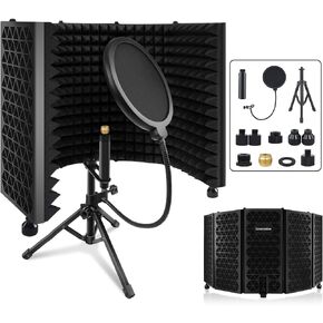 Black Studio Recording Microphone Isolation Shield with Pop Filter, Foldable Sound Proof Mic Isolation Shield for Boom Arm, High Density Sound Absorbing Foam Mic Stand for Blue Yeti