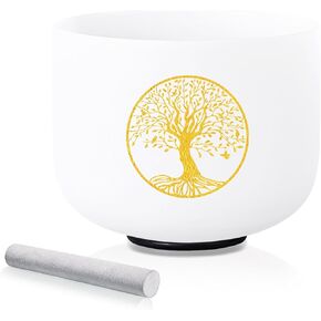 432HZ 8 Inch F Note Heart Chakra Crystal Singing Bowl Sound Healing, Frosted Quartz Crystal Tree of Life Sound Bowl, Sude and O-ring For Sound Healing Meditation