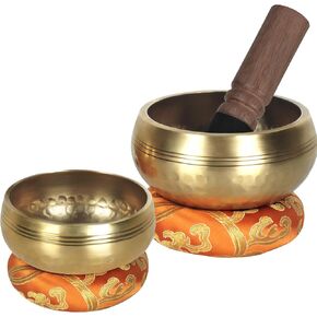 Tibetan Singing Bowl Set Authentic Handcrafted Creates Beautiful Sound for Holistic Healing, Stress Relief, Meditation 3.7 inches & 3.15 inches 2Pcs with Cushion and Leather Hammer