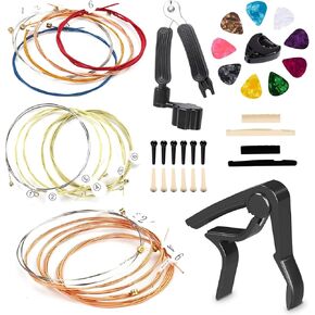 Acoustic Guitar Accessories Kit Including acoustic Guitar Strings,guitar capo,3-in-1 restring tool,guitar picks,pick holder,bridge pins,guitar nuts saddles,for Guitar Players and Guitar Beginners