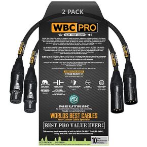 2 Units - 6 Inch - WBC-PRO-Quad Ultra-Silent Ultra-Flexible Balanced Star-Quad Cable with Neutrik Male & Female XLR Plugs & Black Tweed Jacket