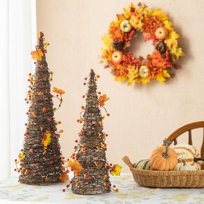 Glitzhome 24" Fall Rattan Berries and Maple Leaves Table Tree Set of 2 - Handcrafted Cone-Shaped Holiday Fall Harvest Decorations for Indoor and Porch Use in Kuwait