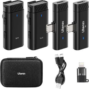ULANZI HM2301 Dual Channel Wireless Lavalier Microphone, Support Multi Devices Receive/Noise Cancelling/48kHz 16-bit/2TX+2RX/Plug & Play, Lapel Microphone for iPhone/Android Video Recording