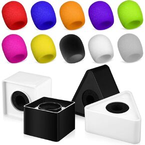 Vaguelly 4 Pack Microphone Flag Stations Triangle and Square Shape Interview Mic Logo,with 10 Pack Microphone Sponge Covers Microphone Accessories for News Reporter KTV Host