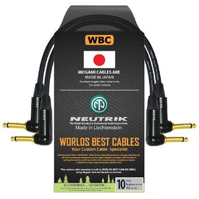 WORLDS BEST CABLES 2 Units - 9 Inch - Guitar Instrument Cable CUSTOM MADE using Mogami 2524 wire and Neutrik NP2RX-B ¼ Inch (6.35mm) Right Angled Gold TS Connectors