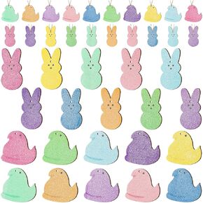 Easter Bunny Chick Ornaments - 41Pcs Colorful Glitter Rabbit Chick Hanging Ornament Decor Party Tree Home Door Ornament with String Happy Easter Spring Tropical Painted Themed Party Supplies