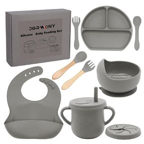 100% Silicone baby feeding set,BPA free Baby dishes set with Suction Bowl Divided Plate,Toddler Self Feeding Dish Set with Spoons Forks Sippy Cup And Bib, Baby Eating Utensils (Beige)