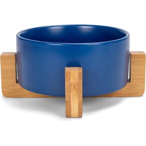 NAT & Jules Small Black 6 inch Stoneware Ceramic and Wood Pet Bowl with Stand in Kuwait