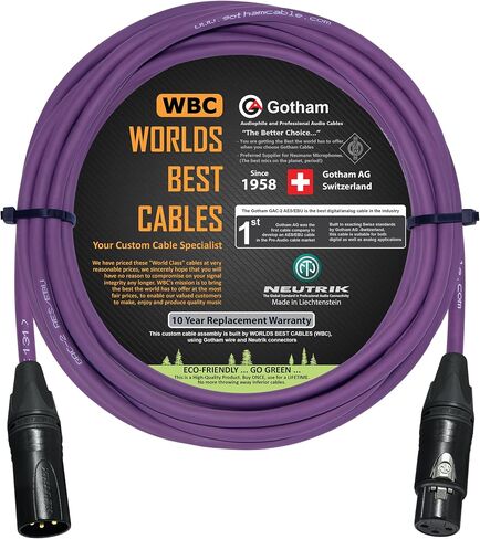15 قدم - Gotham GAC-2 AES/EBU (أرجواني) - كابل صوت رقمي وتناظري متوازن منخفض الخسارة، 2xCore 2xShielded مع مقابس Neutrik Gold ذكر إلى أنثى XLR - مصنوع خصيصًا من أفضل الكابلات في العالم in Saudi Arabia