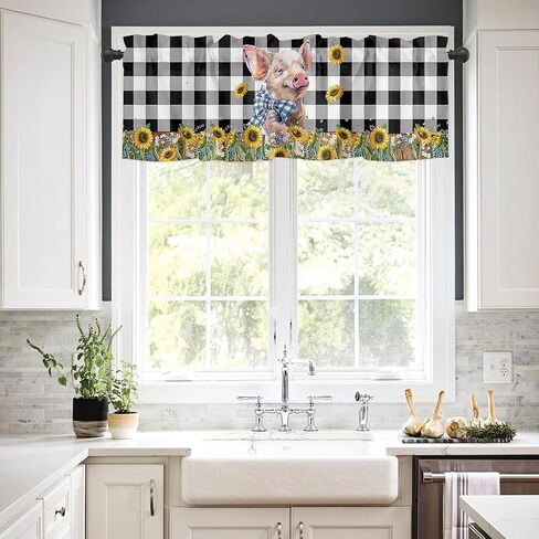 Spring Curtain Valance for Windows,Green Clover Kitchen Rod Pocket Valances,Black White Buffalo Plaid Window Toppers Short Curtains for Bathroom Bedroom in Kuwait