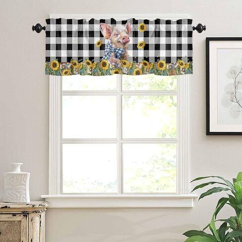 Spring Curtain Valance for Windows,Green Clover Kitchen Rod Pocket Valances,Black White Buffalo Plaid Window Toppers Short Curtains for Bathroom Bedroom in Kuwait