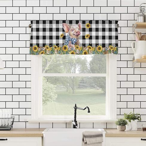 Spring Curtain Valance for Windows,Green Clover Kitchen Rod Pocket Valances,Black White Buffalo Plaid Window Toppers Short Curtains for Bathroom Bedroom in Kuwait