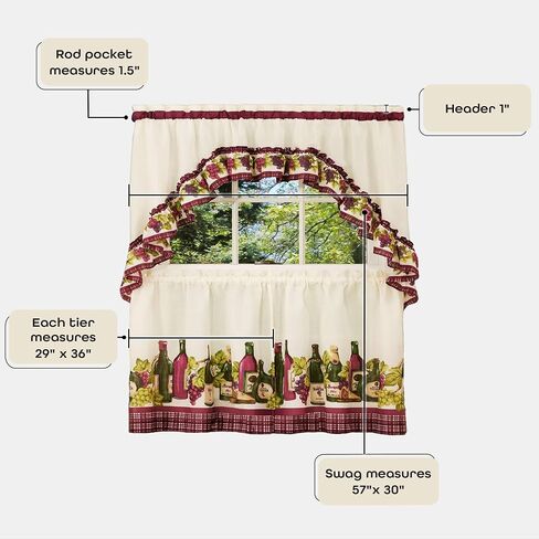Light Filtering Printed Tier & Swag Window Curtain Set - 57 Inch Length, 24 Inch Width - Chardonnay - Machine Washable Drape for Kitchen, Living, & Dining Room by Achim Home Decor in Saudi Arabia