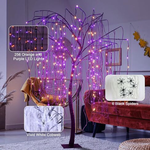7 أقدام شجرة الصفصاف المضاءة للهالوين 256 أضواء LED أرجوانية شجرة صفصاف اصطناعية مع 6 عناكب ديكور داخلي خارجي لمهرجان عيد الميلاد in Saudi Arabia