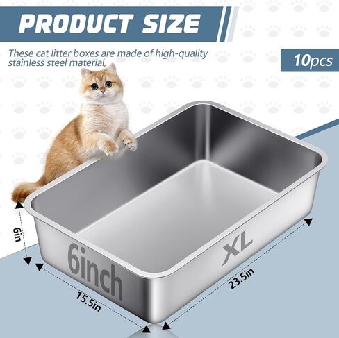 10 Packs Stainless Steel Litter Box for Cat Extra Large Metal Litter Box Non Stick Litter Pan with High Sides Never Absorbs Odor, Rustproof, Easy to Clean for Cat Dog (19.5 x 13.5 x 6 Inch) in Saudi Arabia
