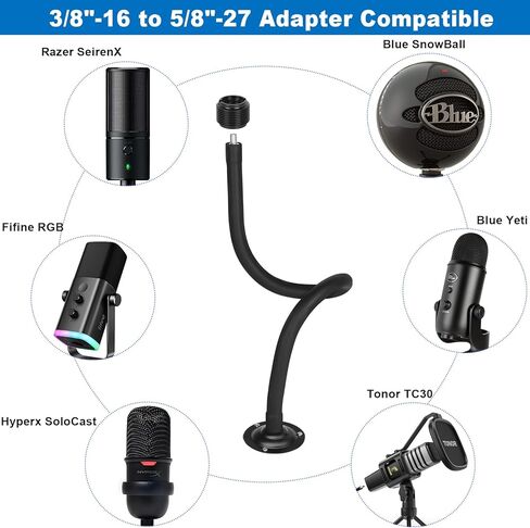 حامل ميكروفون على الحائط، حامل ذراع ميكروفون بطول 23.5 بوصة، قاعدة معدنية بمشبك ميكروفون 3/8 بوصة إلى 5/8 بوصة محول للجدران/الطاولة/المنصة، متوافق مع Shure/Fifine / AT2020/ Pyle/Blue Snowball/Razer in Kuwait
