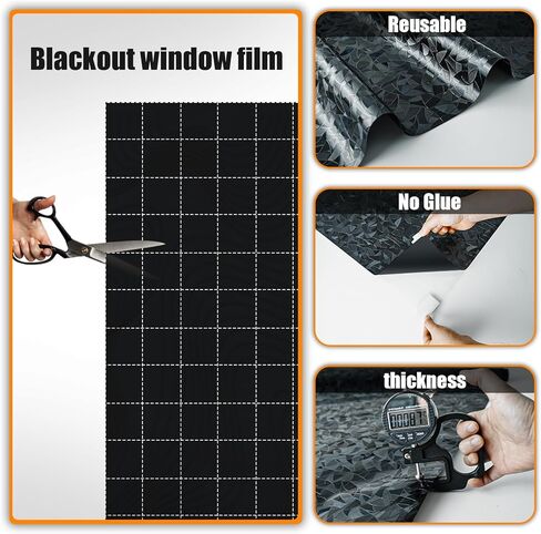 QHY Sunshine Total Blackout Window Film Privacy، فيلم نافذة زجاجي بلوري، لون نافذة أسود، بدون غراء، قابل للفصل، بدون علامات، مناسب للاستخدام المتكرر (أسود، 17.5 بوصة × 78.7 بوصة) in Kuwait