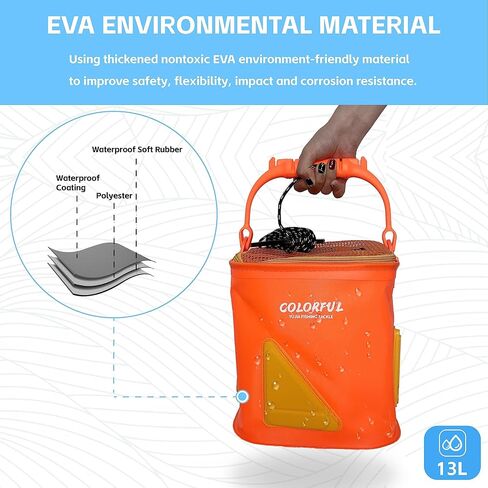 Collapsible Fishing Bucket 13L/3.43Gal Portable Fishing Water Pail for Camping Traveling Hiking Fishing Boating Gardening with 6 Meters Rope (Orange) in Kuwait