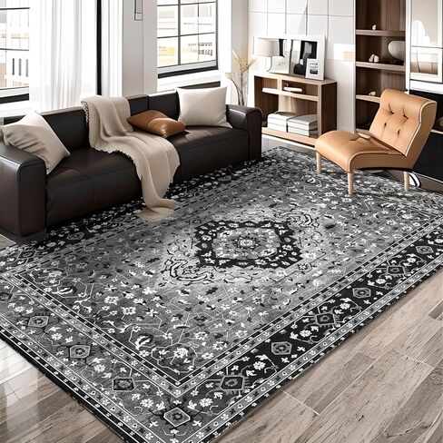 Yancorp 5'x7'Boho منطقة البساط لغرفة النوم غير زلة قابل للغسل السجاد خمر غرفة المعيشة عدم تساقط الحصير أرضية داخلية غرفة نوم المطبخ مدخل السجاد مستطيل أسود رمادي in Kuwait